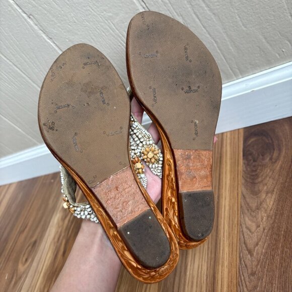 Tommy Bahama Beaded Carved Wood Wedge Flip Flop Thong Sandals Beachy Boho - Picture 12 of 15